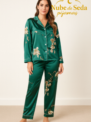 Pijama de satín verde manga larga - pantalón