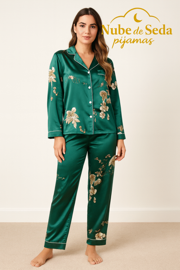 Pijama de satín verde manga larga - pantalón